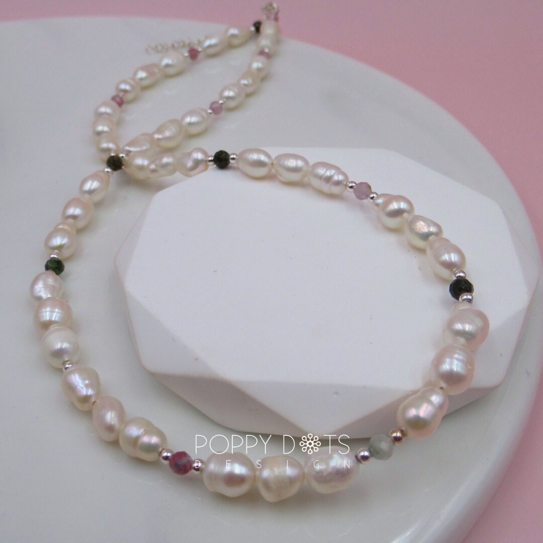 Sterling Silver Mixed Tourmaline and Freshwater Pearl Necklace