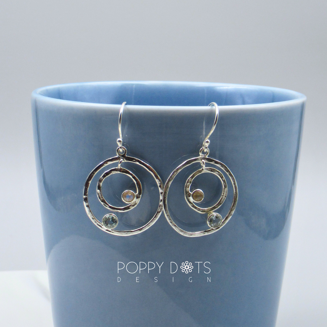 Sterling Silver Modern Double Circle Blue Topaz and Moonstone Earrings