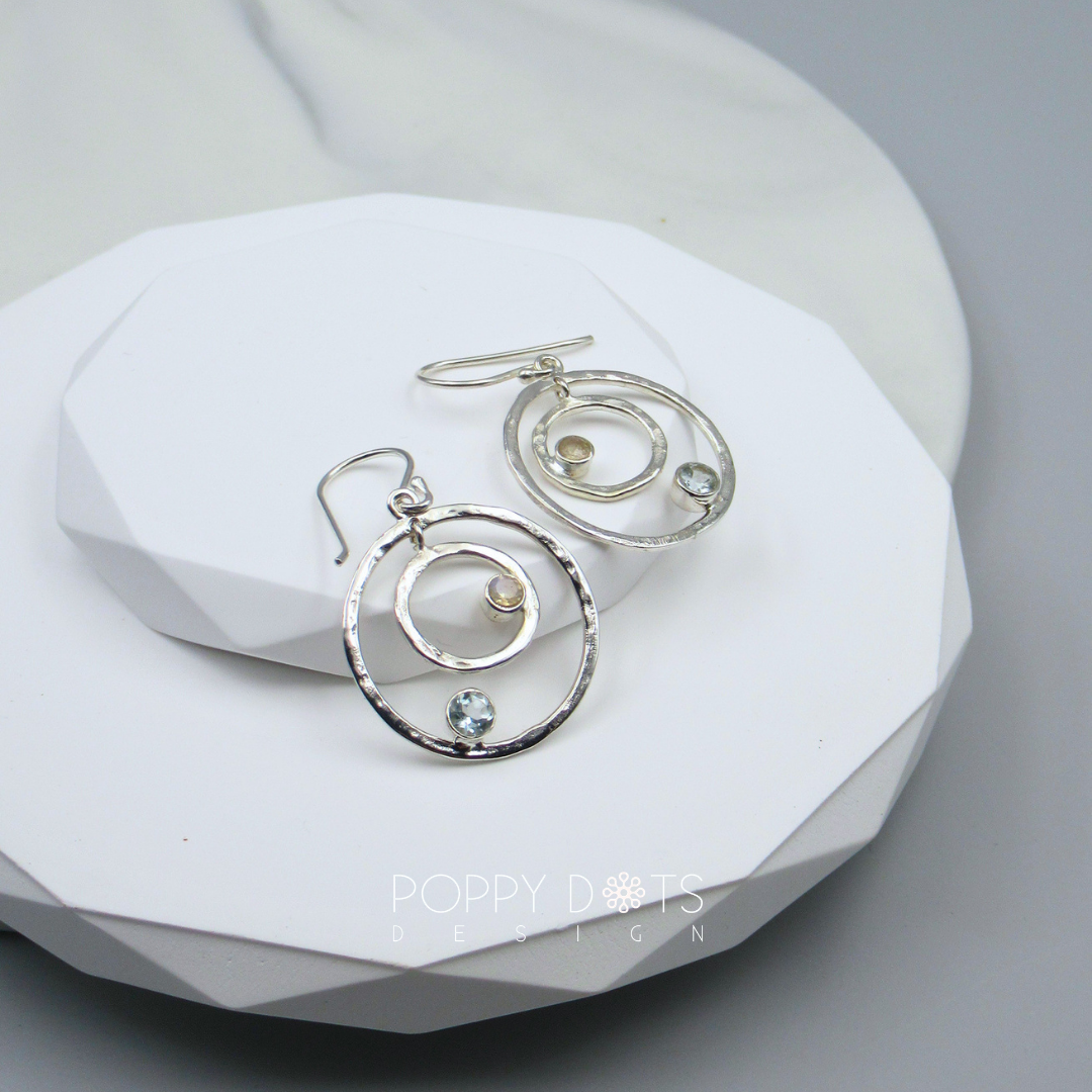 Sterling Silver Modern Double Circle Blue Topaz and Moonstone Earrings