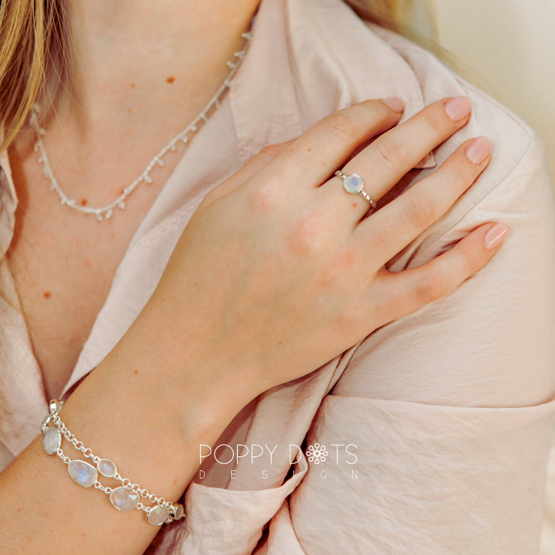 Sterling Silver Engraved Band Round Moonstone Ring