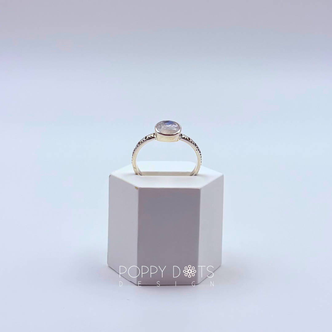Sterling Silver Engraved Band Round Moonstone Ring