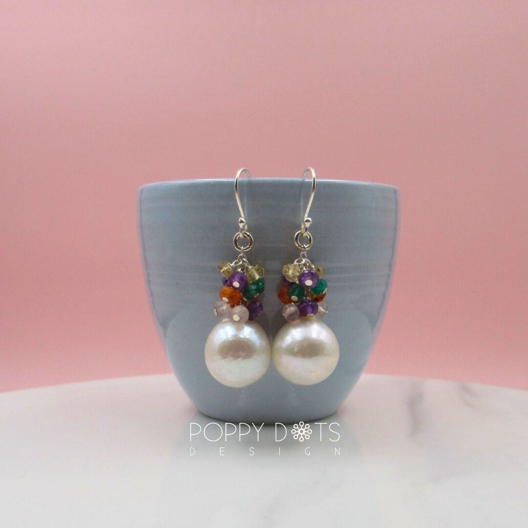 Sterling Silver Multi-Gem Cluster Pearl Earrings