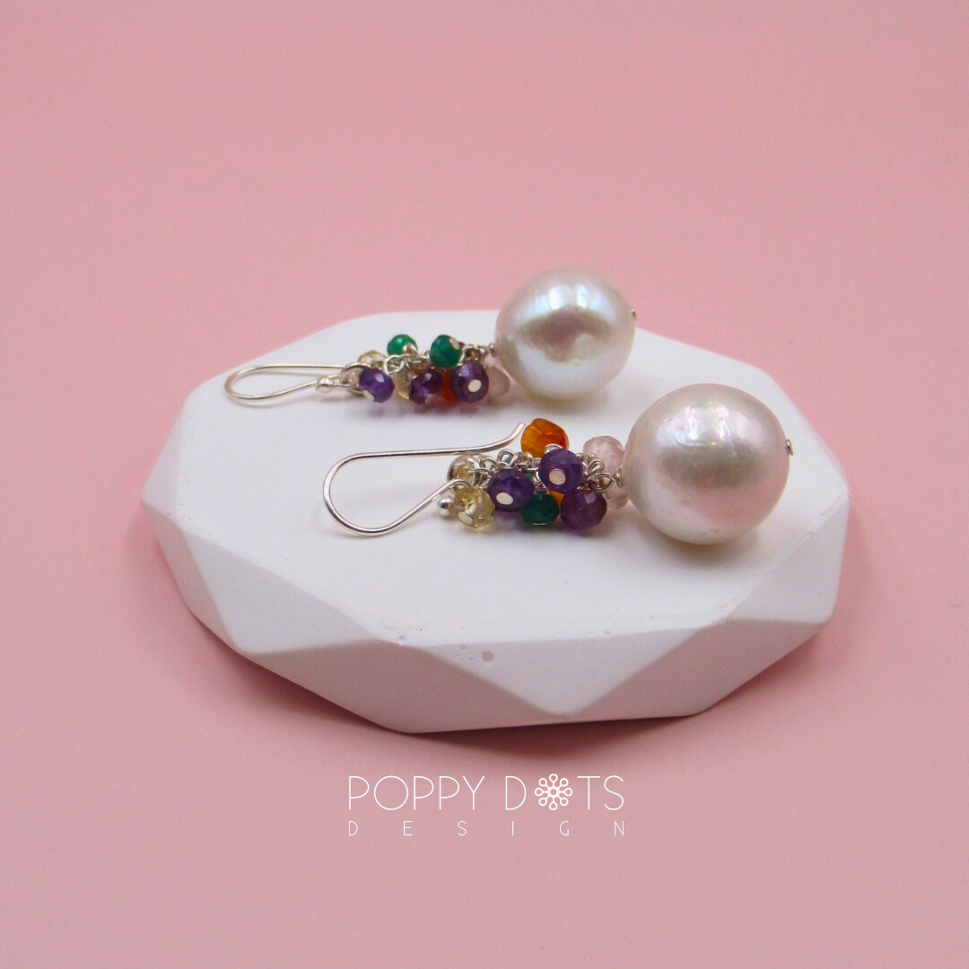 Sterling Silver Multi-Gem Cluster Pearl Earrings