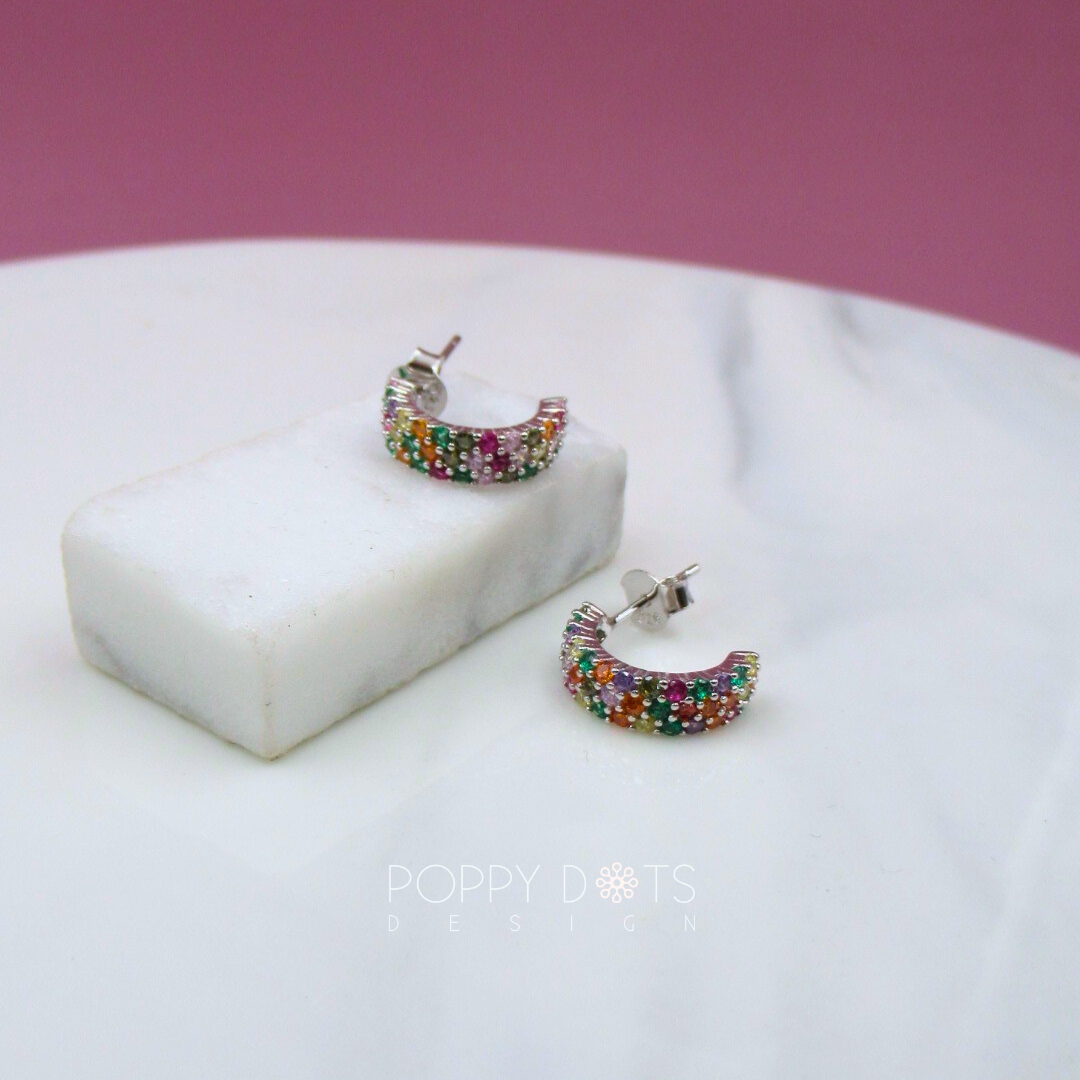 Sterling Silver Tutti Frutti Zirconia Hoop Studs