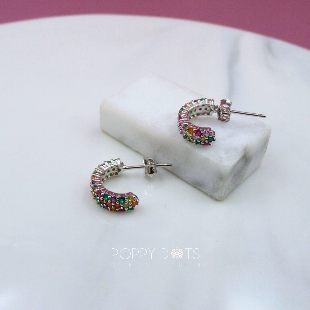 Sterling Silver Tutti Frutti Zirconia Hoop Studs
