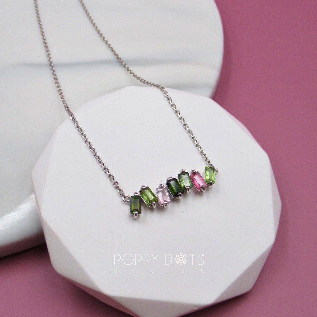 Exclusive Sterling Silver Modern Mixed Tourmaline Baguette Necklace