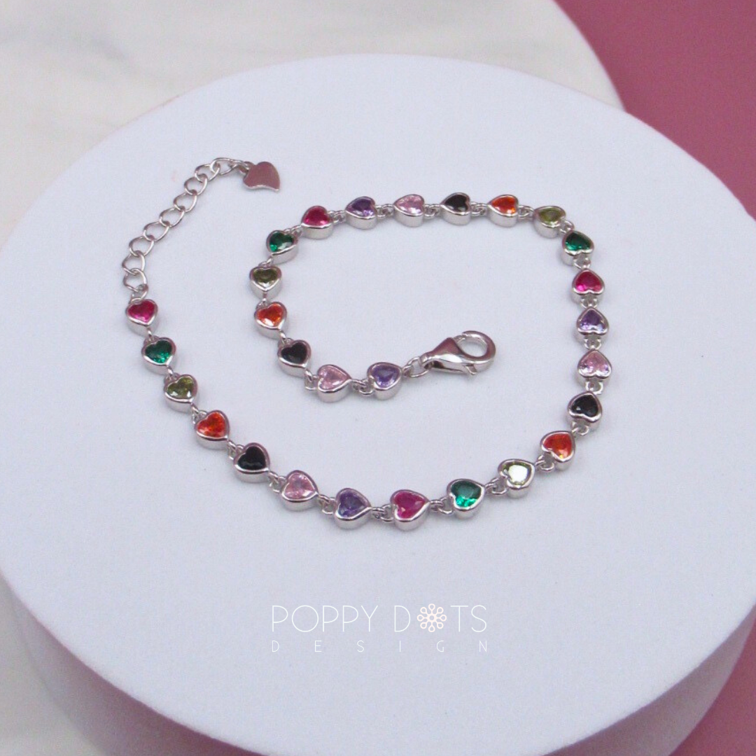 Sterling Silver Multicolour Zirconia Heart Bracelet