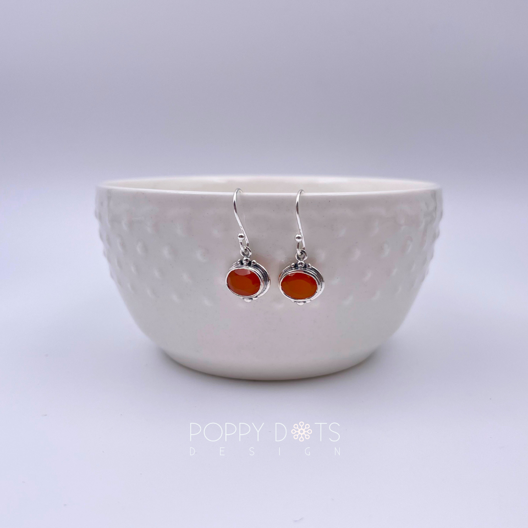 Sterling Silver Detailed Oval Carnelian Earrings