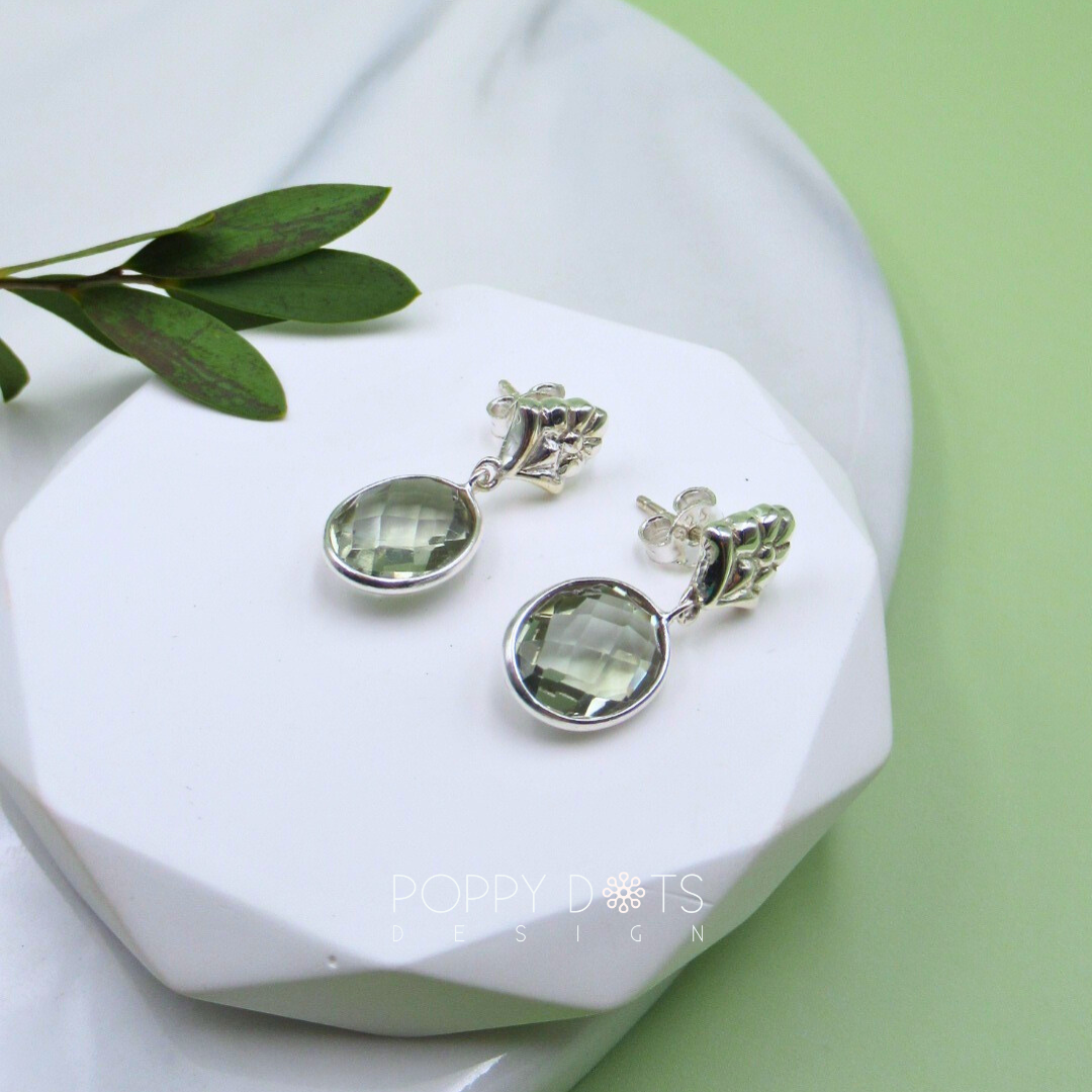 Sterling Silver Oval Faceted Green Amethyst Studs