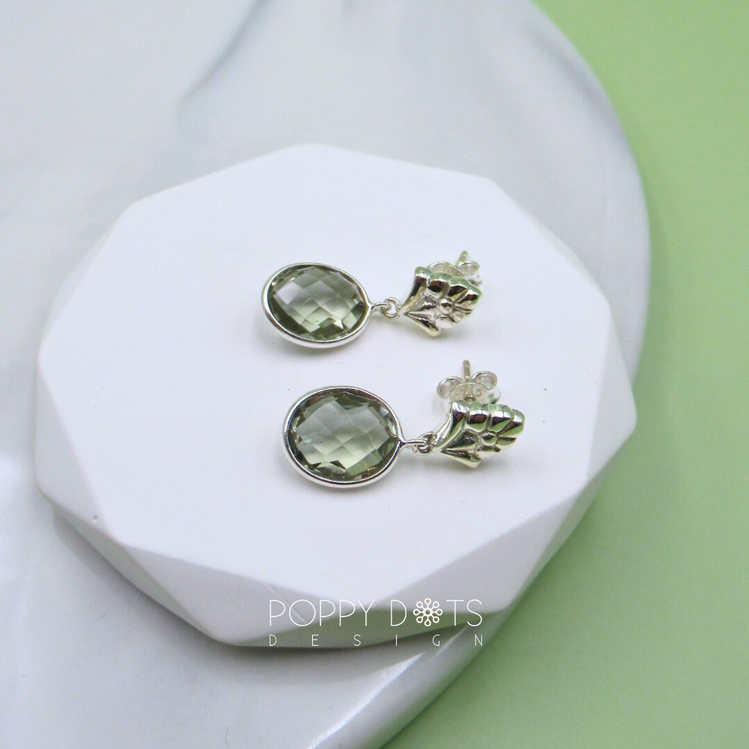 Sterling Silver Oval Faceted Green Amethyst Studs