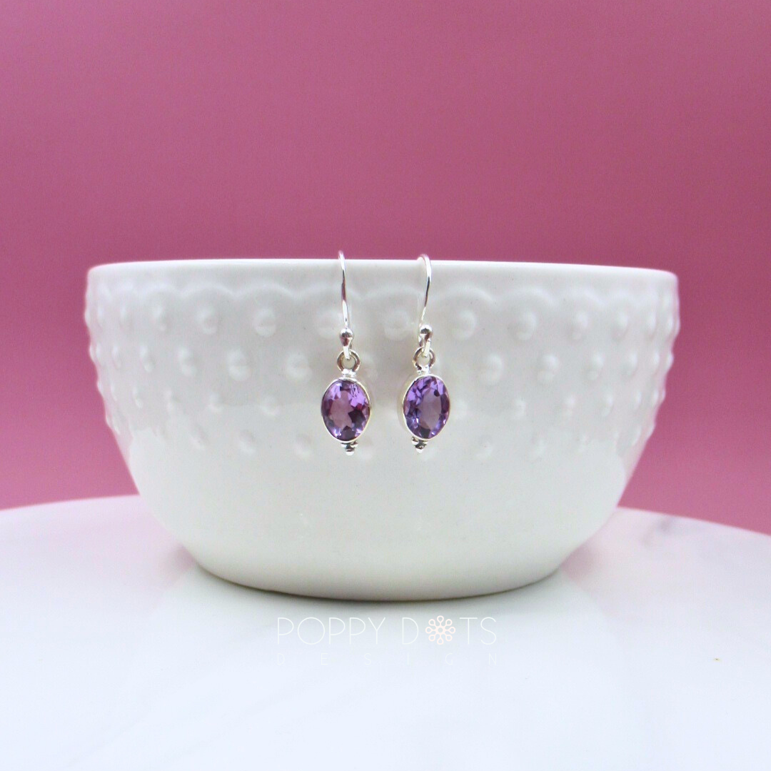 Sterling Silver Stylish Oval Purple Amethyst Earrings