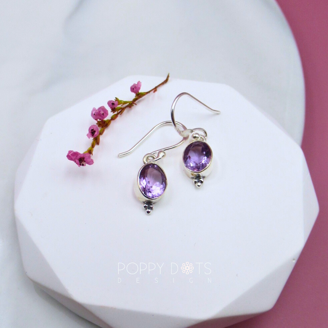 Sterling Silver Stylish Oval Purple Amethyst Earrings