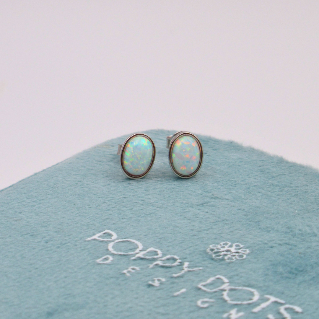 Sterling Silver Oval White Gilson Opal Stud Earrings