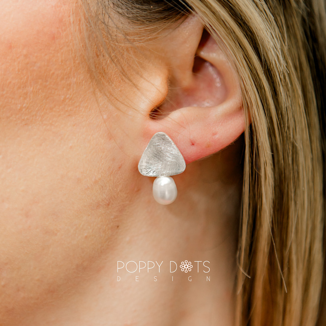 Brushed Sterling Silver Triangle Pearl Studs