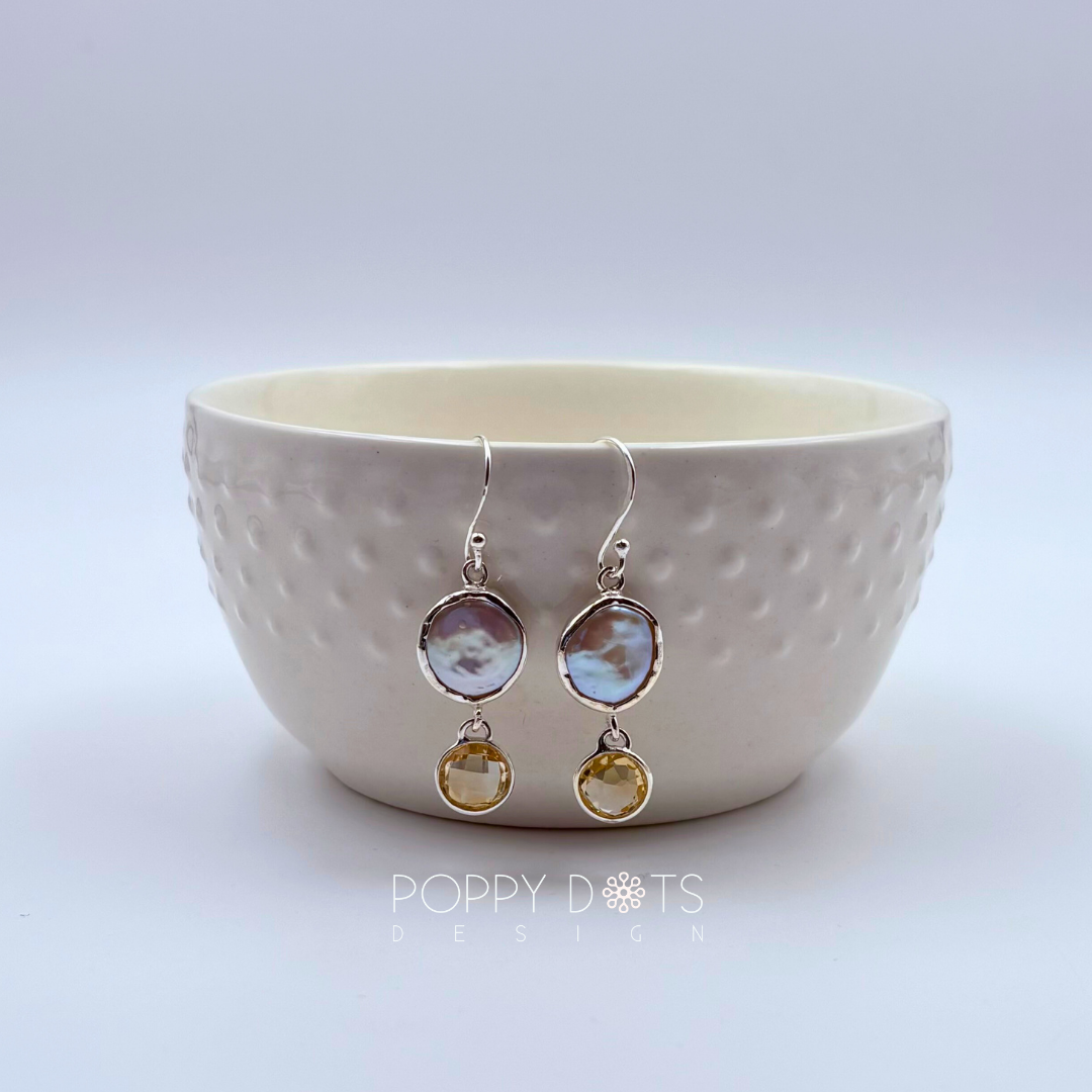 Luxurious Sterling Silver Coin Pearl Citrine Quartz Earrings