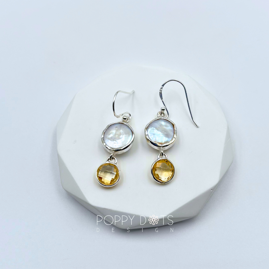 Luxurious Sterling Silver Coin Pearl Citrine Quartz Earrings