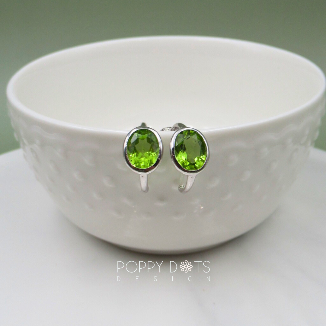 Sterling Silver Oval Peridot Hoop Studs