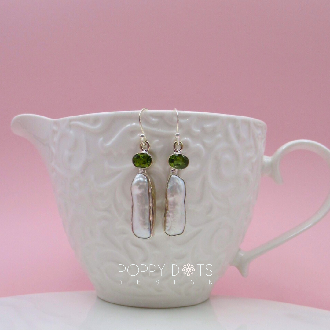 Exclusive Sterling Silver Peridot Long Pearl Earrings and Ring Set