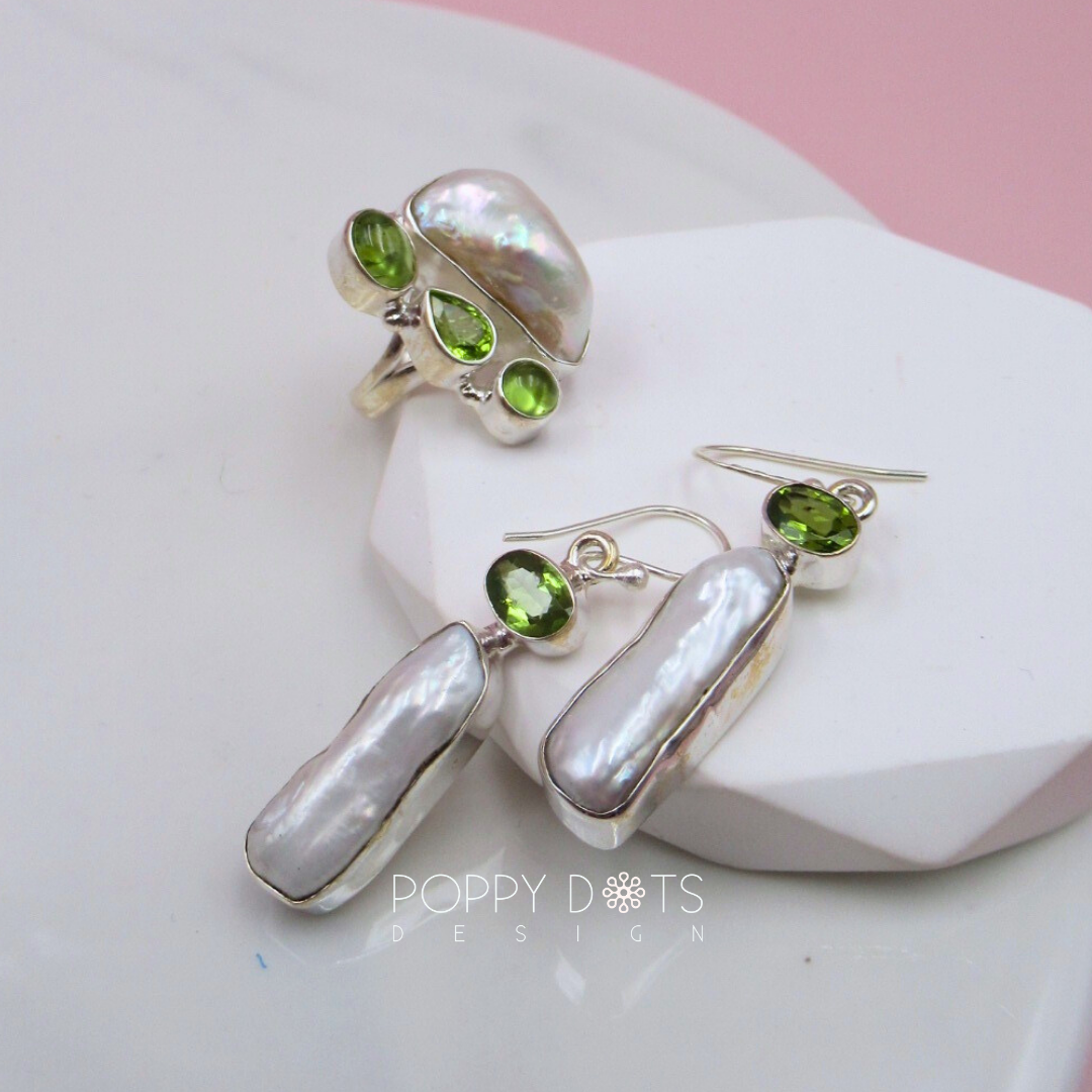 Exclusive Sterling Silver Peridot Long Pearl Earrings and Ring Set