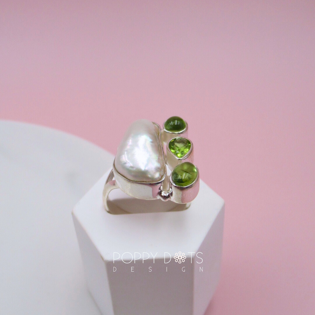 Exclusive Sterling Silver Peridot Long Pearl Earrings and Ring Set
