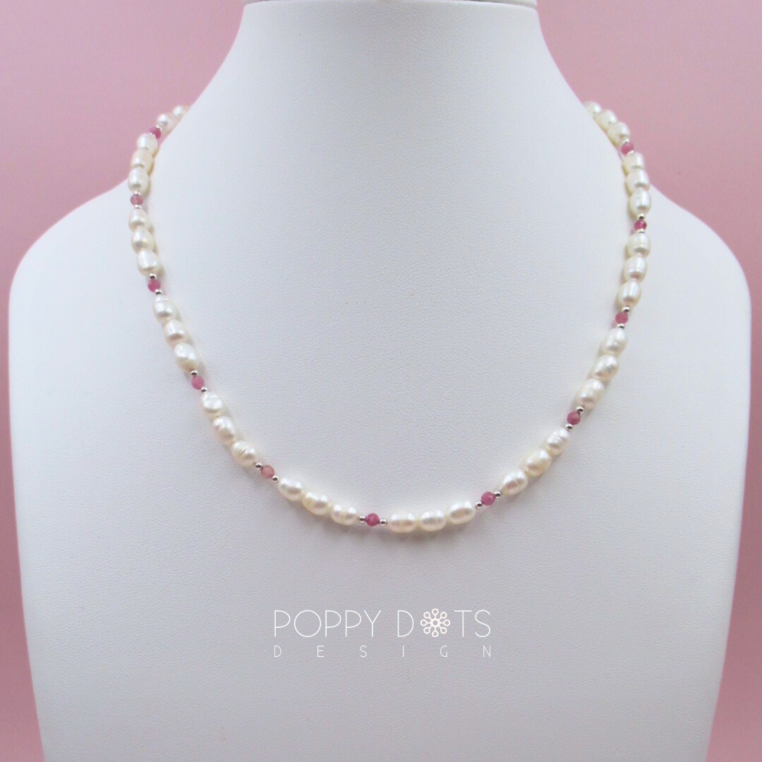 Sterling Silver Pink Tourmaline and Freshwater Pearl Necklace
