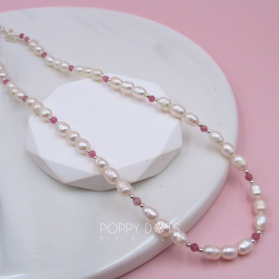 Sterling Silver Pink Tourmaline and Freshwater Pearl Necklace