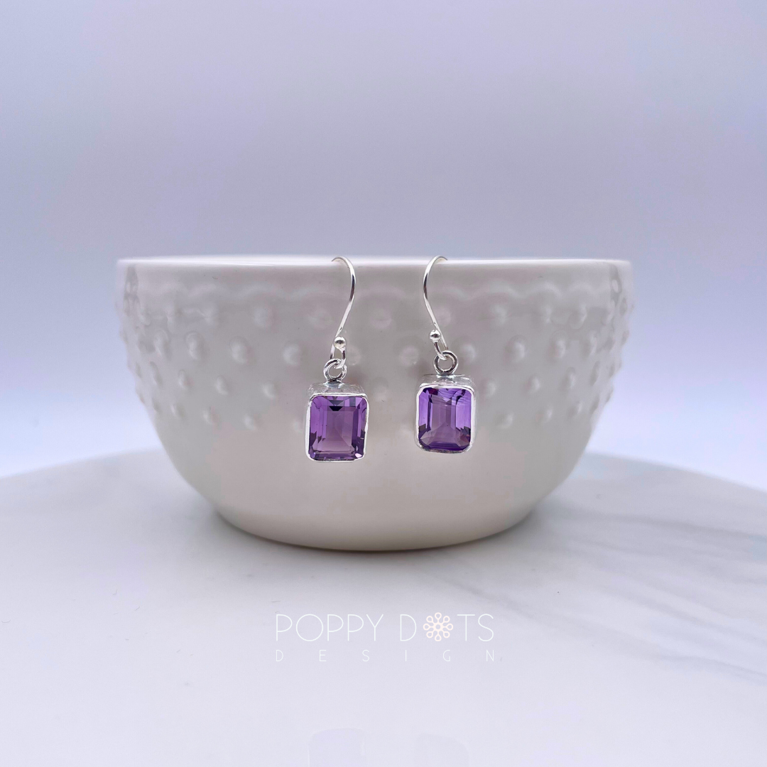 Sterling Silver Rectangular Purple Amethyst Earrings