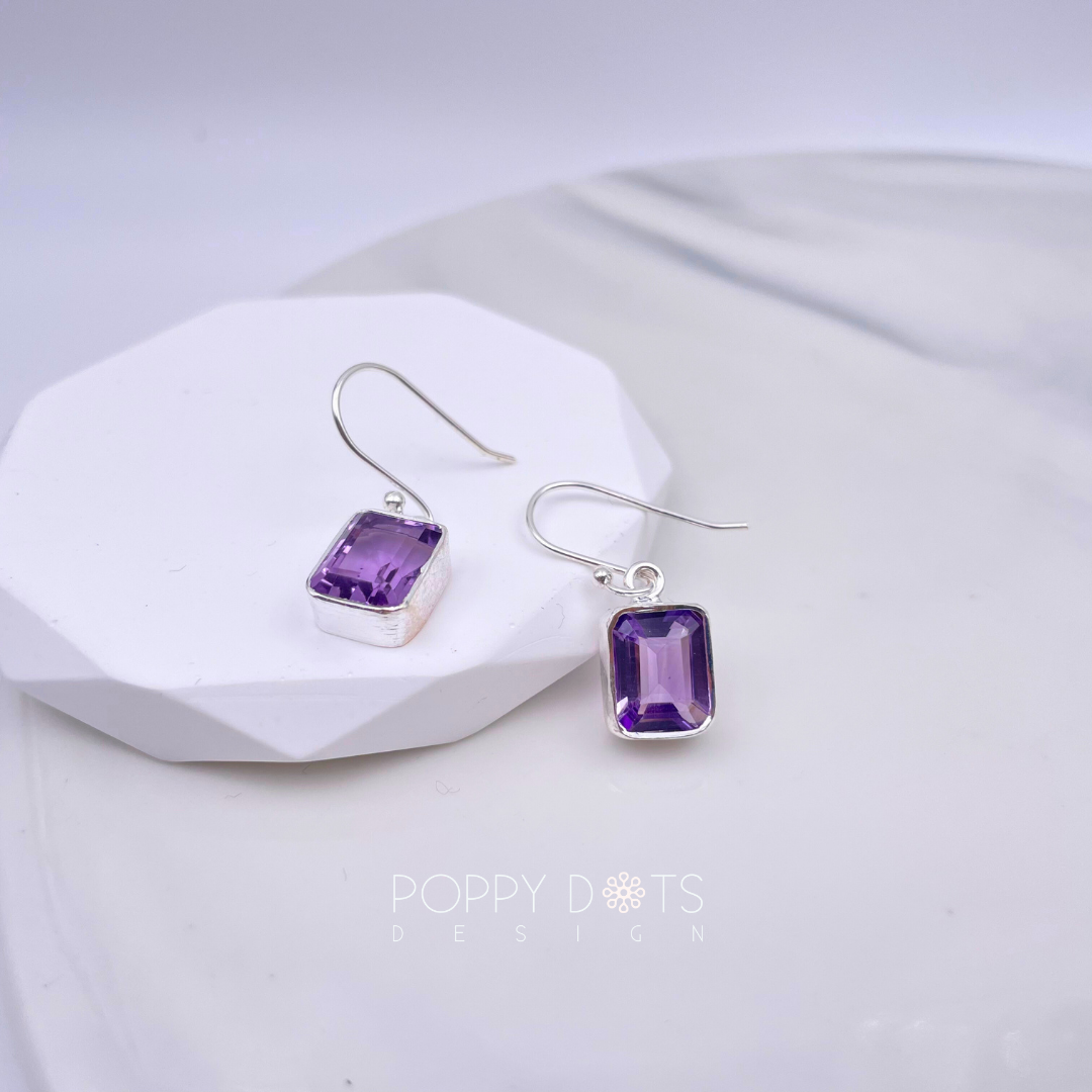 Sterling Silver Rectangular Purple Amethyst Earrings