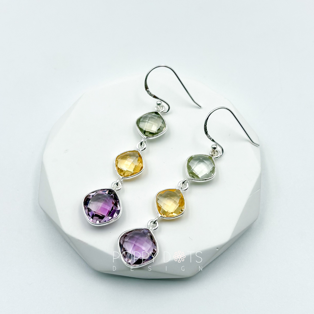 Sterling Silver green and purple Amethyst and Citrine Quartz Triple Earrings