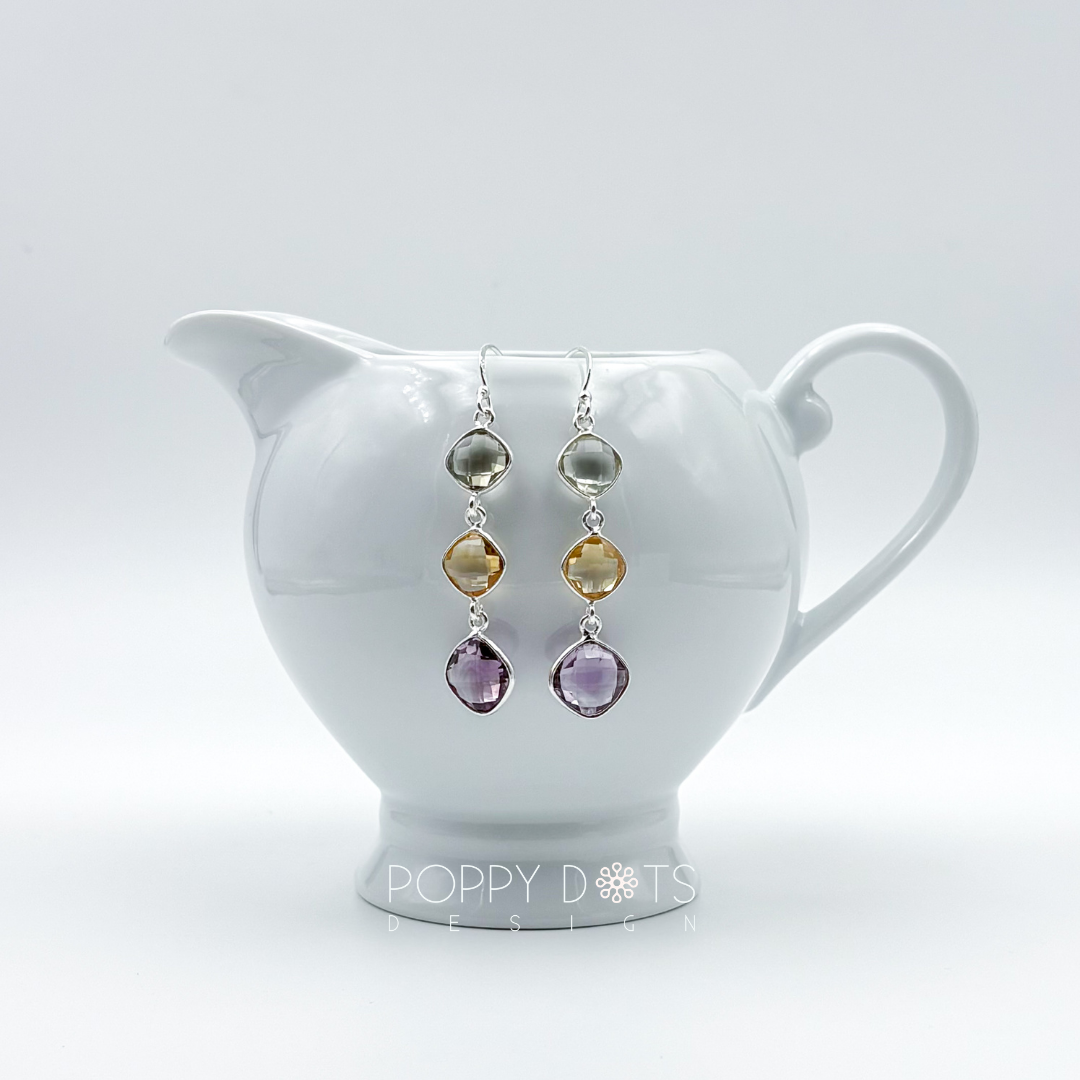 Sterling Silver green and purple Amethyst and Citrine Quartz Triple Earrings