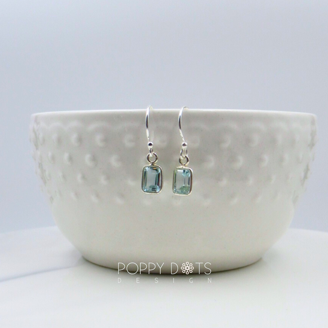 Sterling Silver dainty Rectangular Blue Topaz Earrings