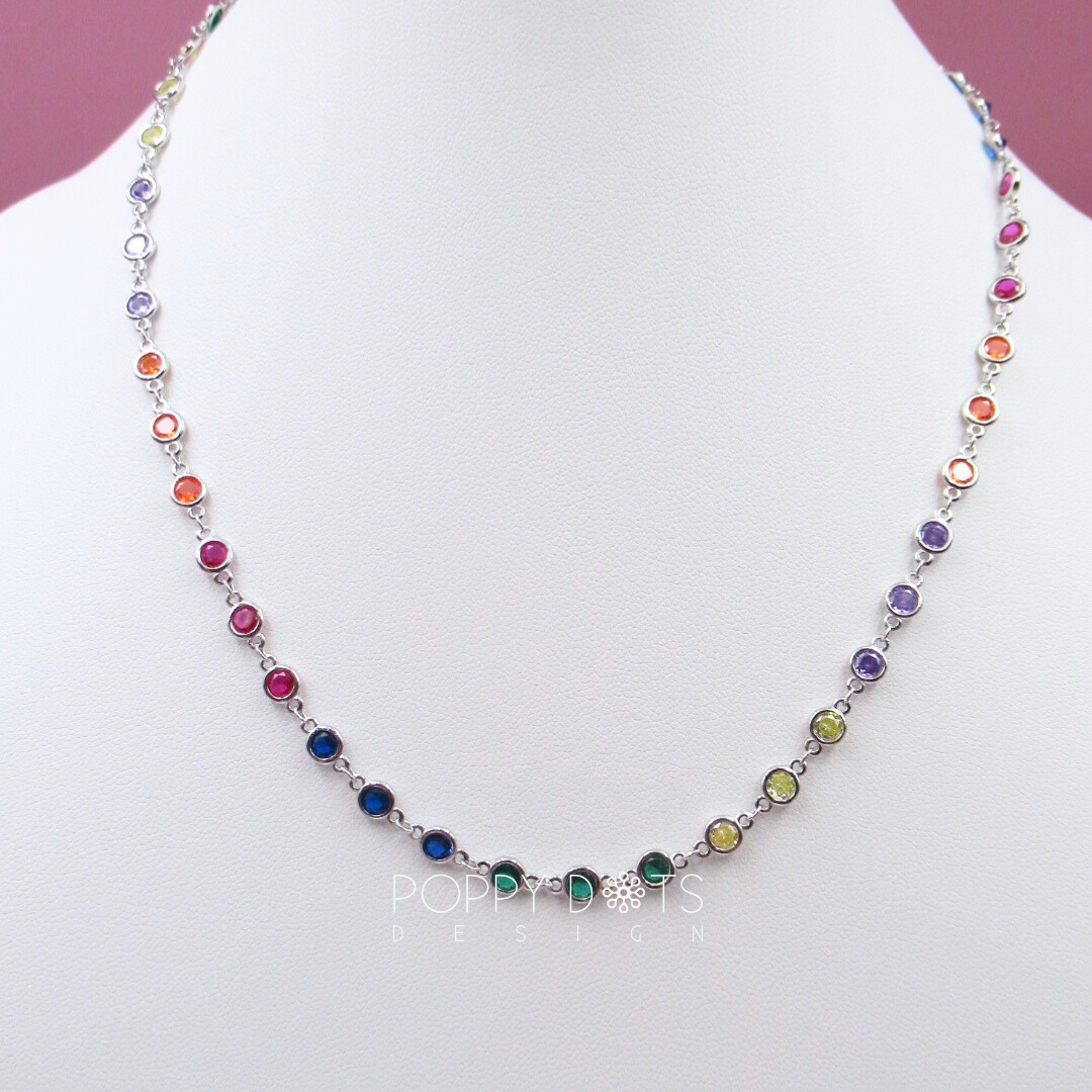 Sterling Silver Tube Set Multicoloured Round Zirconia Necklace