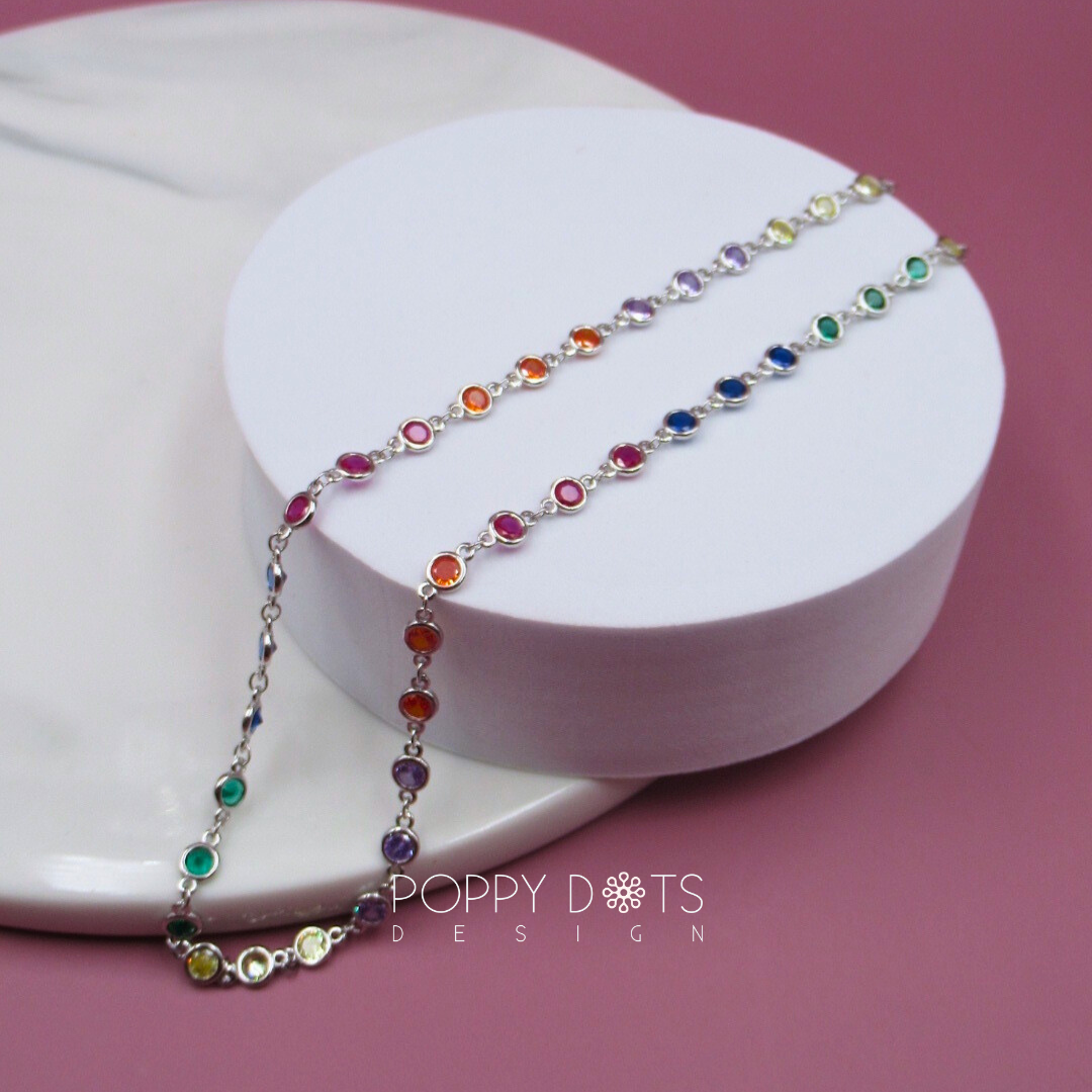 Sterling Silver Tube Set Multicoloured Round Zirconia Necklace