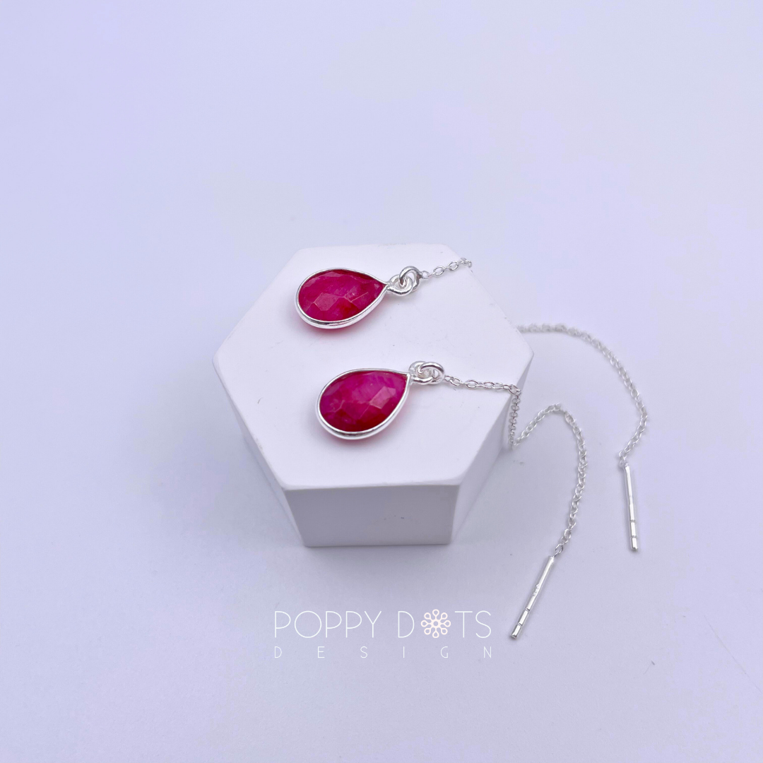 Sterling Silver Teardrop Rubellite Threader Earrings
