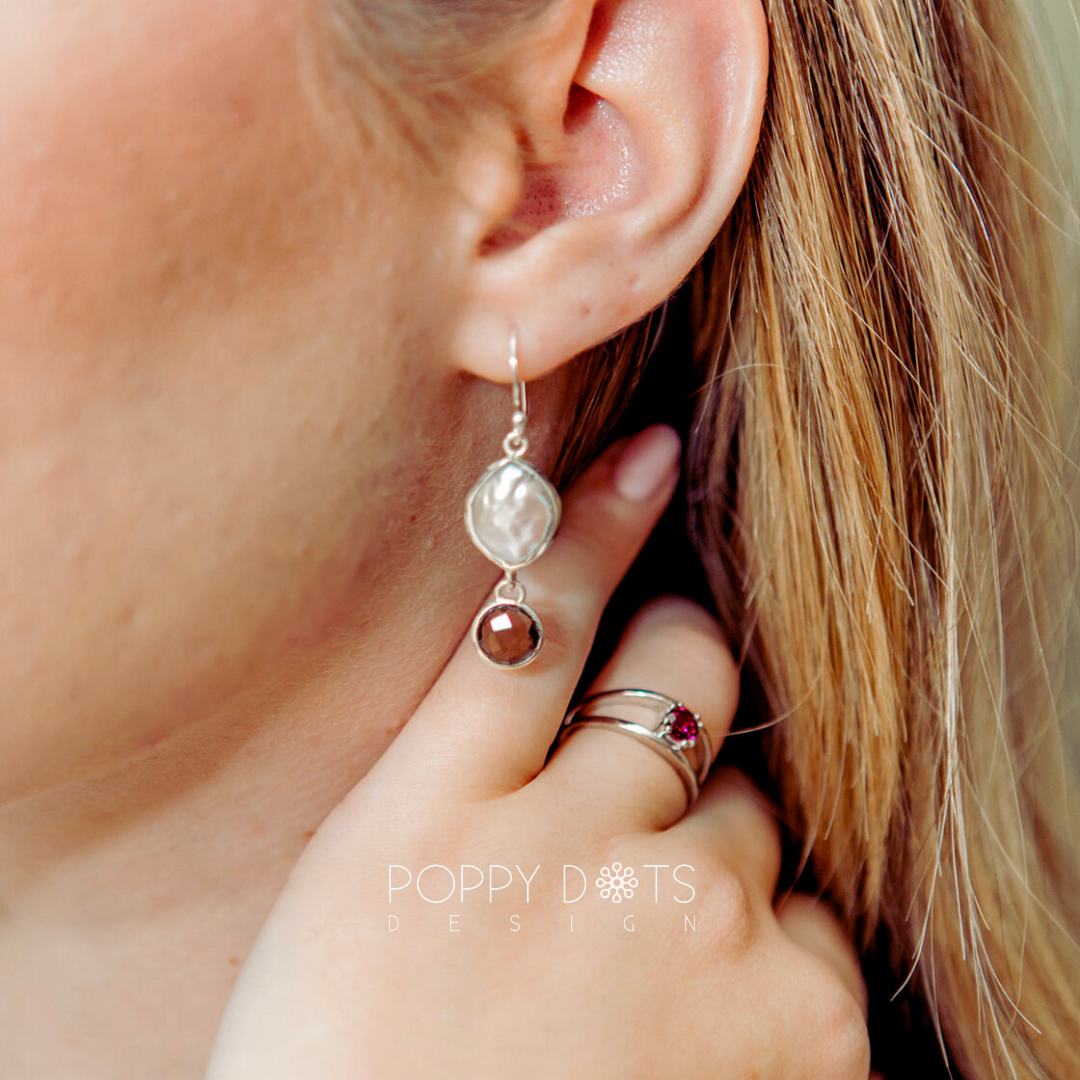 Luxurious Sterling Silver Coin Pearl Smokey Quartz Earrings