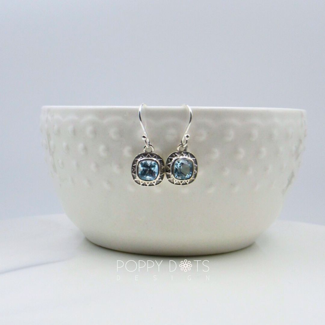 Sterling Silver Patterned Square Blue Topaz Earrings
