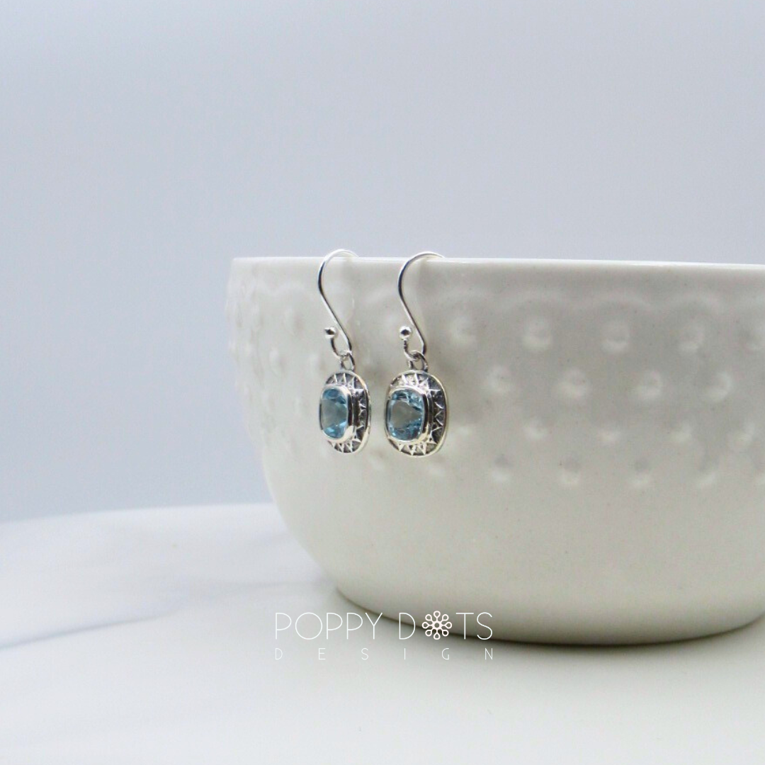 Sterling Silver Patterned Square Blue Topaz Earrings