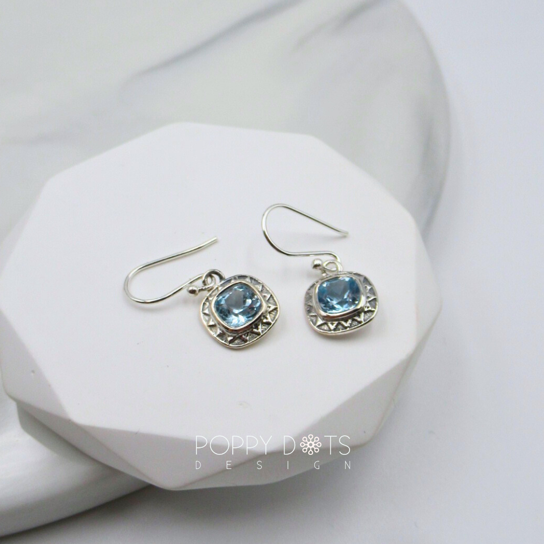 Sterling Silver Patterned Square Blue Topaz Earrings