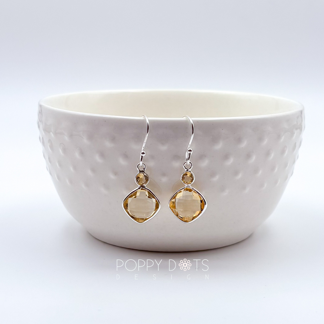Sterling Silver Citrine Quartz Square Cushion Cut Earrings