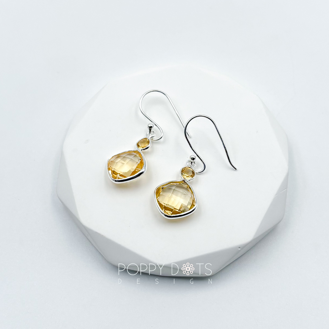 Sterling Silver Citrine Quartz Square Cushion Cut Earrings
