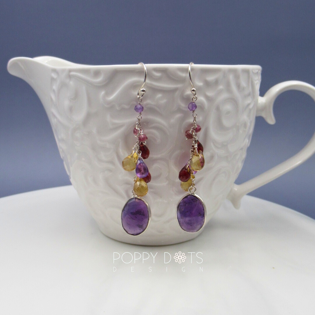 Sterling Silver Sweetie Cluster Purple Amethyst, Citrine & Garnet Earrings