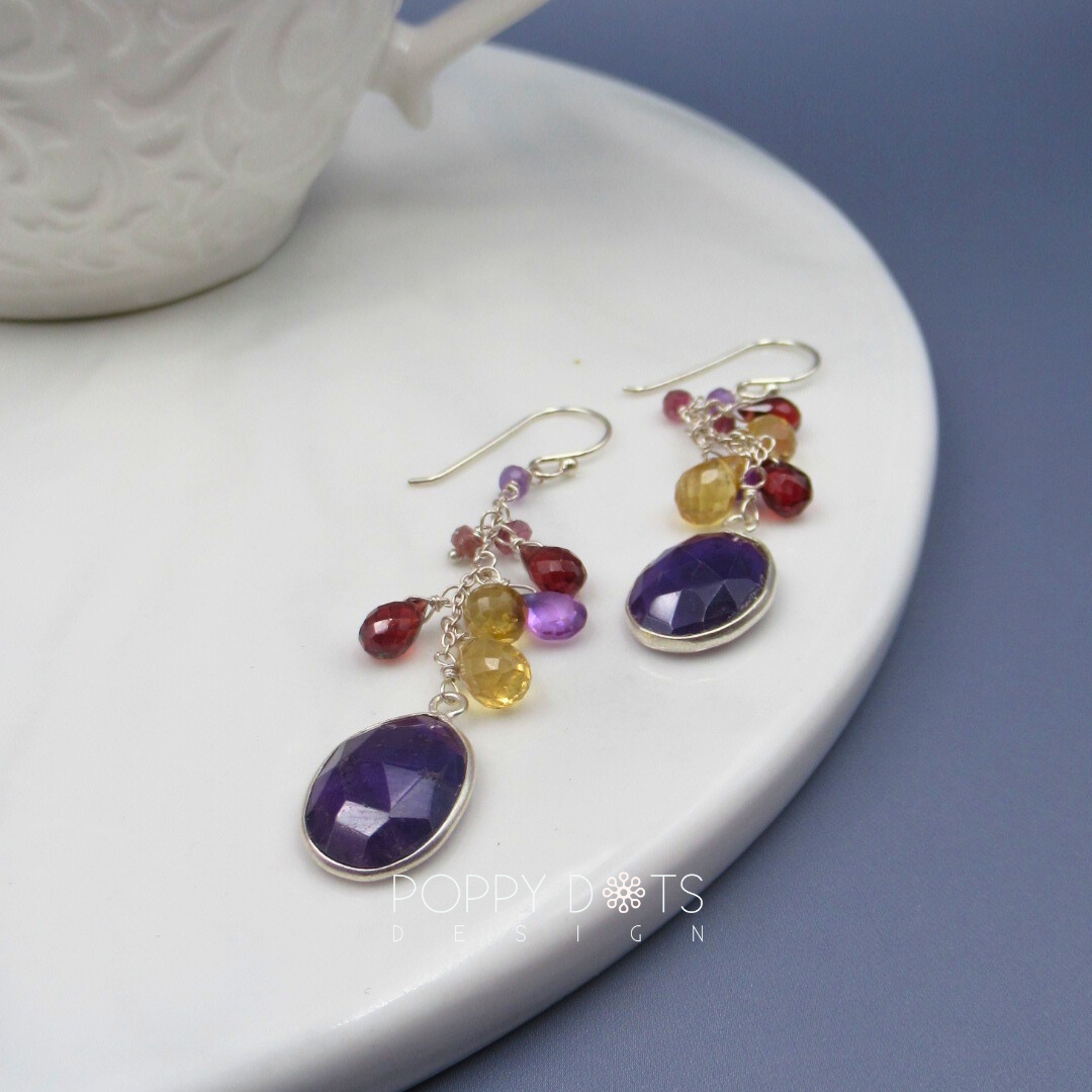 Sterling Silver Sweetie Cluster Purple Amethyst, Citrine & Garnet Earrings