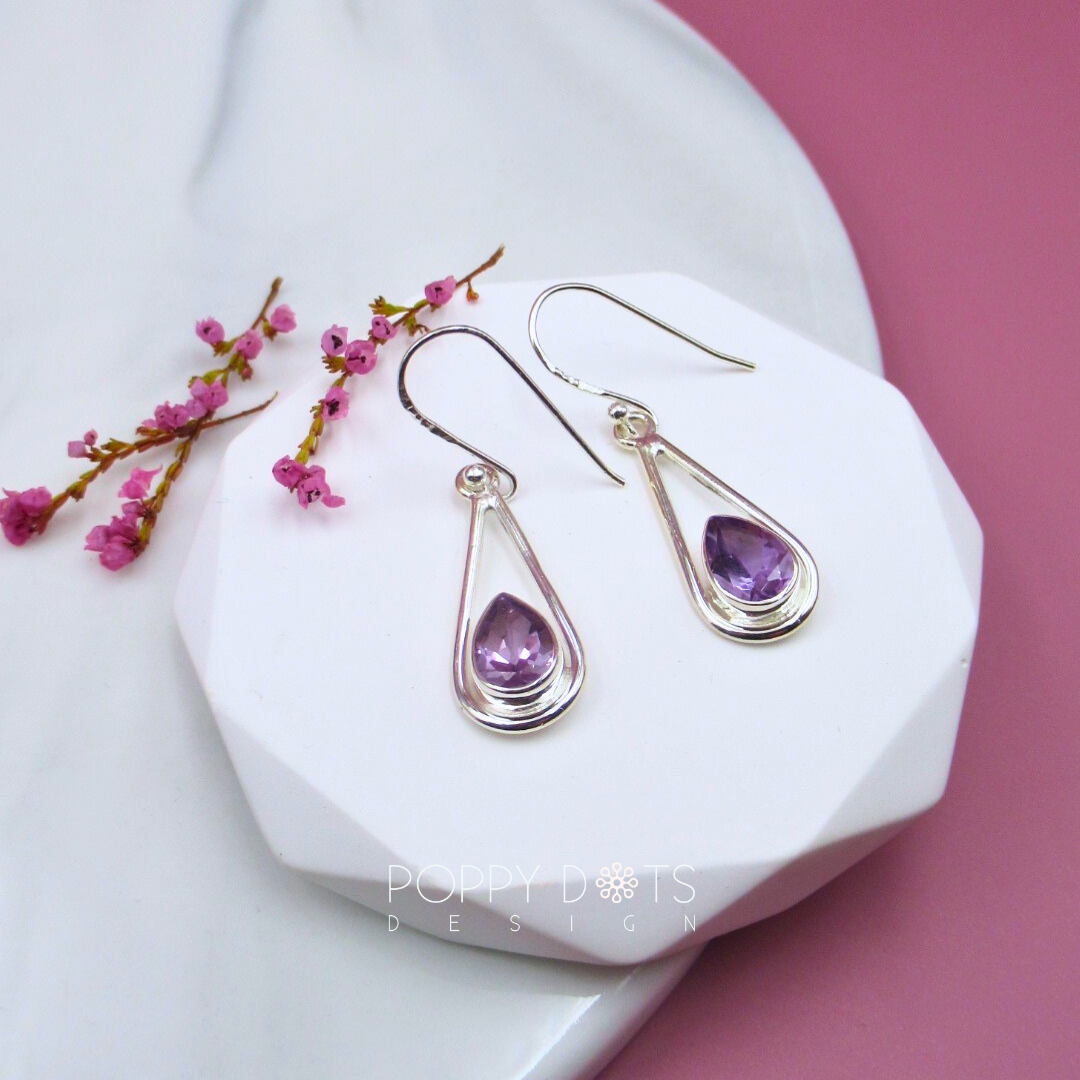 Sterling Silver Double Teardrop Purple Amethyst Earrings
