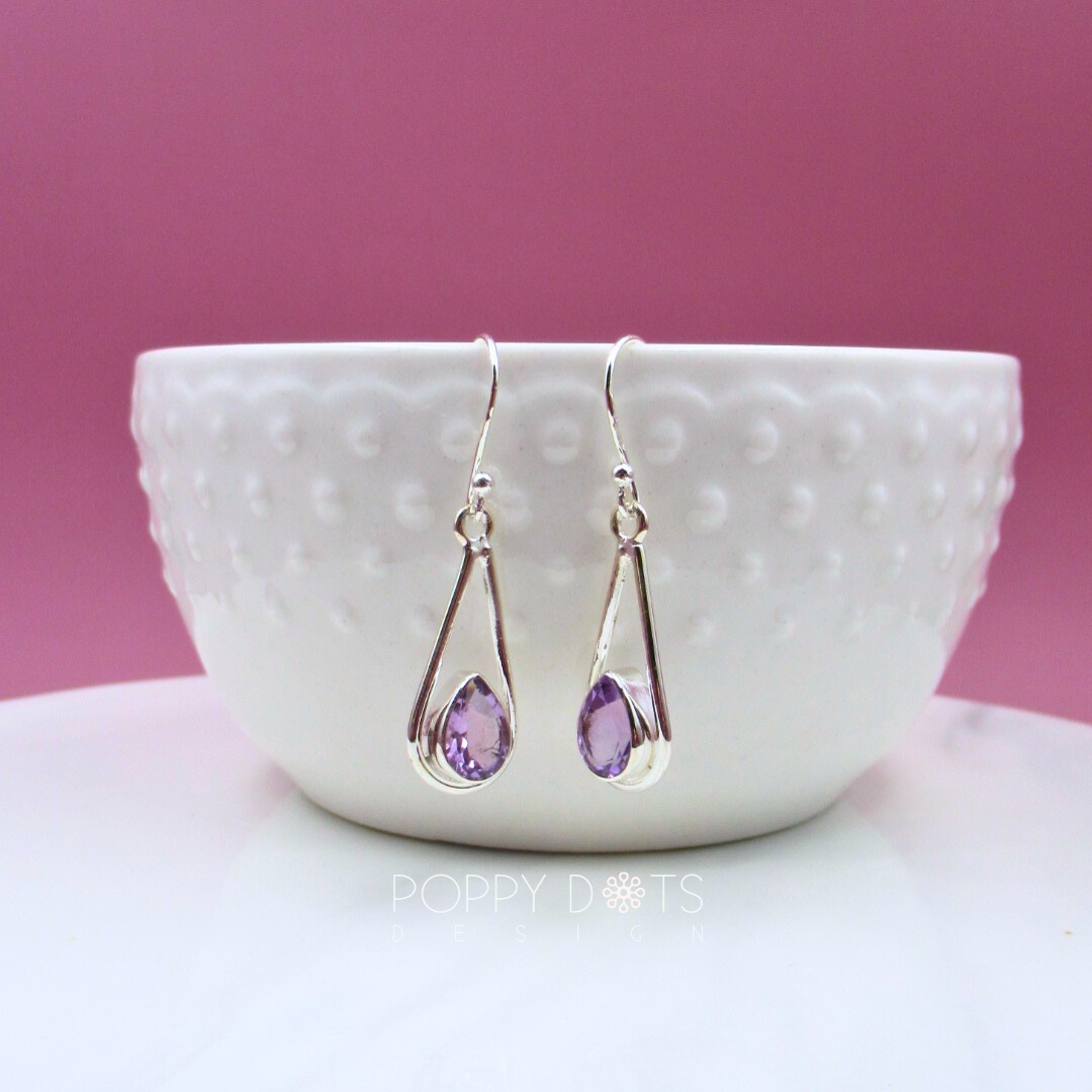 Sterling Silver Double Teardrop Purple Amethyst Earrings