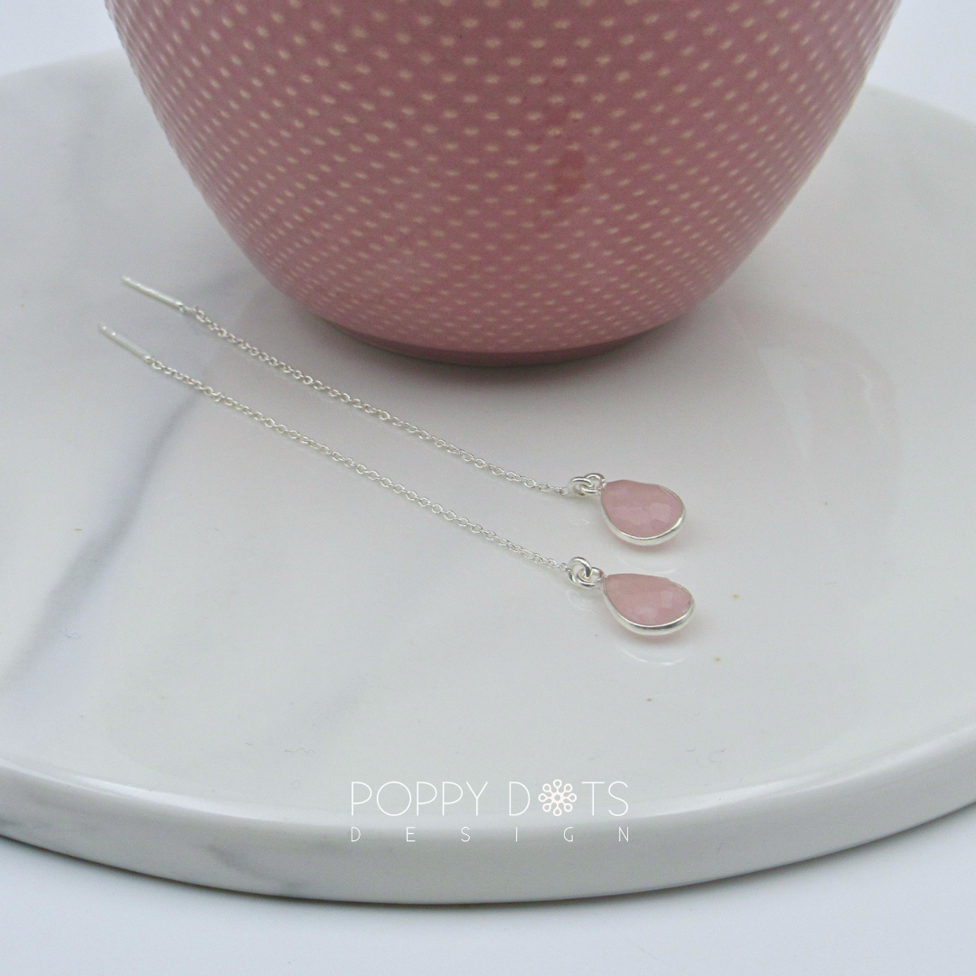 Sterling Silver Teardrop Rose Quartz Threader Earrings