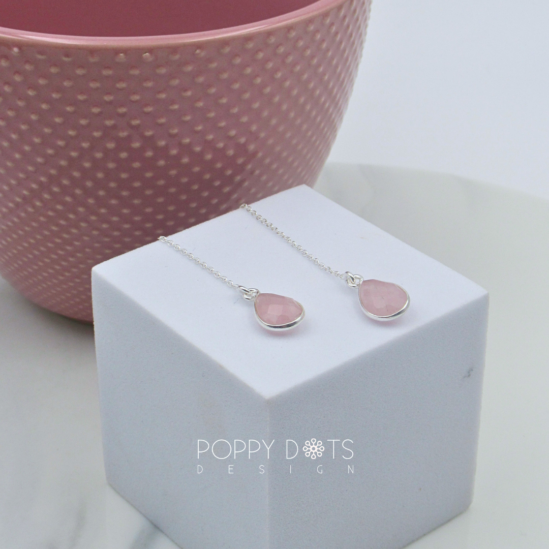 Sterling Silver Teardrop Rose Quartz Threader Earrings