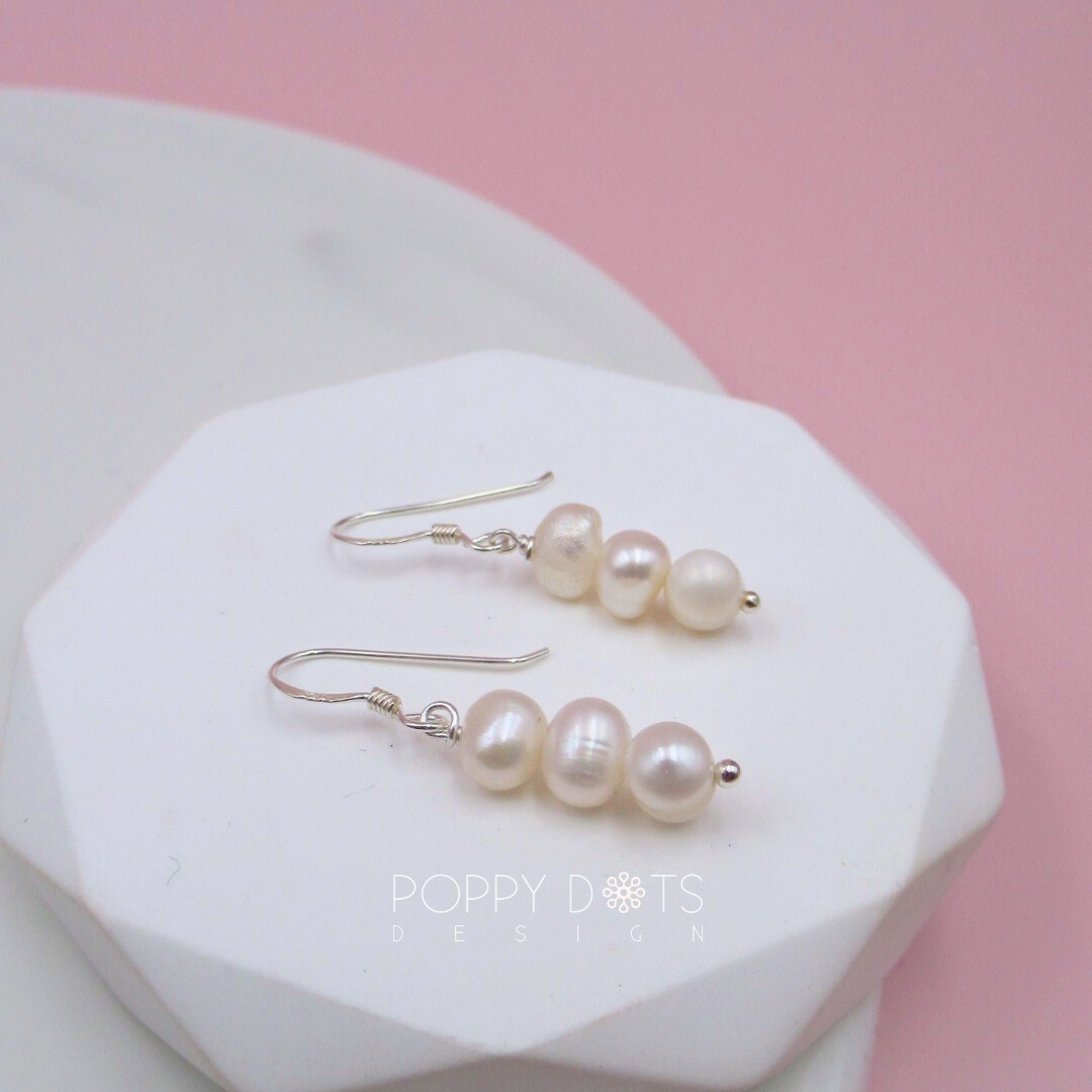 Sterling Silver Triple Stacked Pearl Drop Earrings