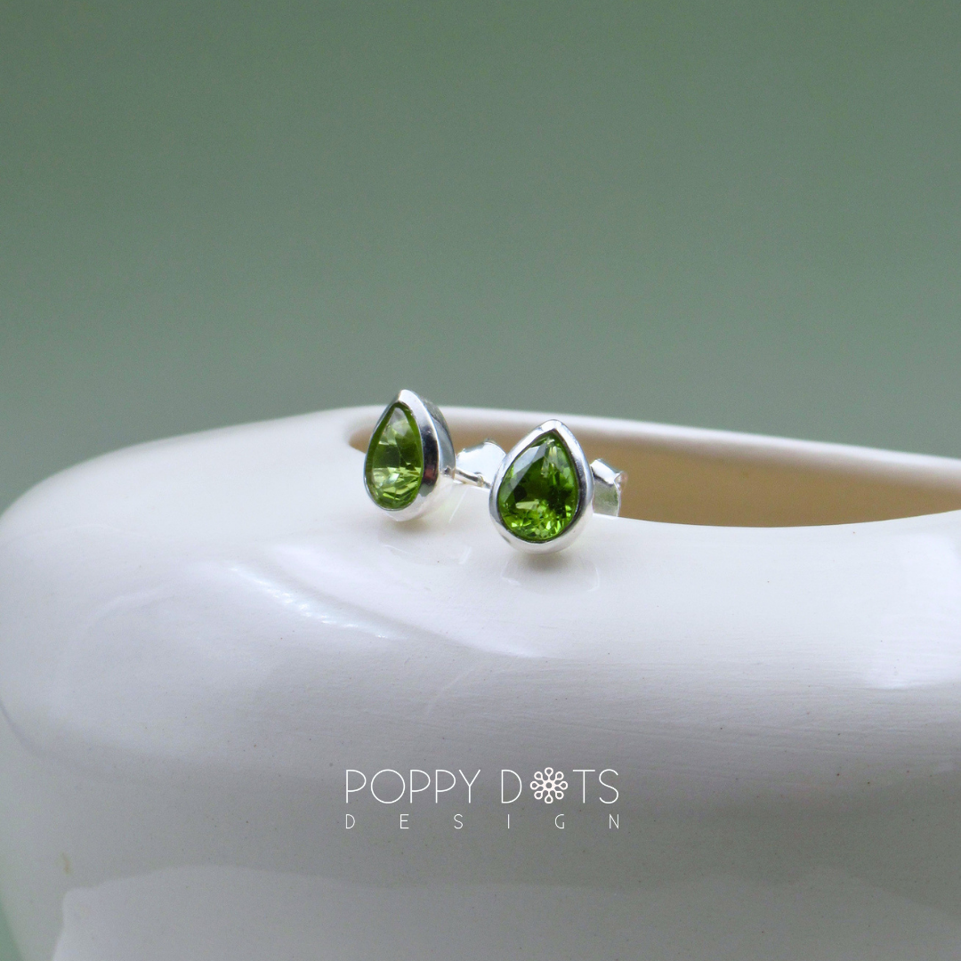 Sterling Silver Tube Set Teardrop Peridot Studs
