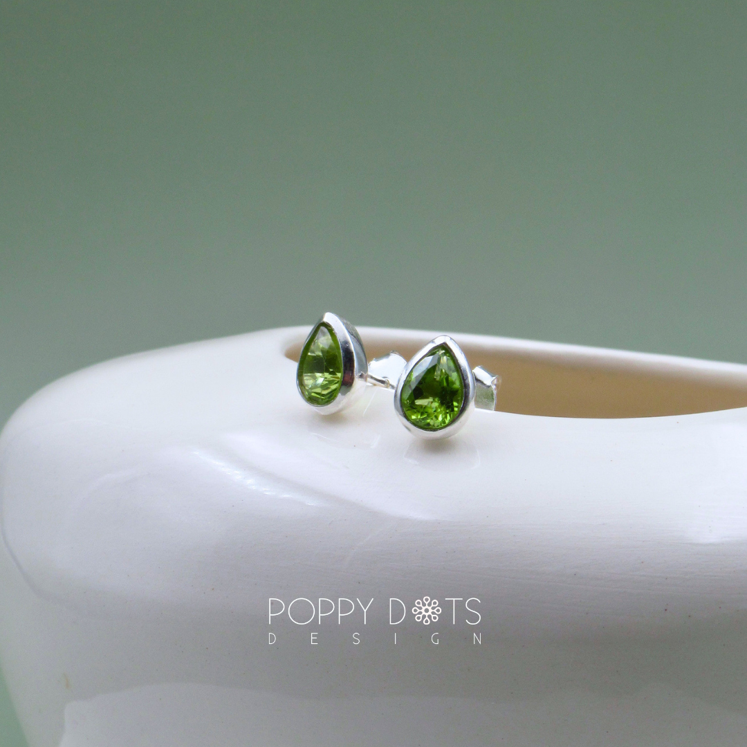 Sterling Silver Tube Set Teardrop Peridot Studs