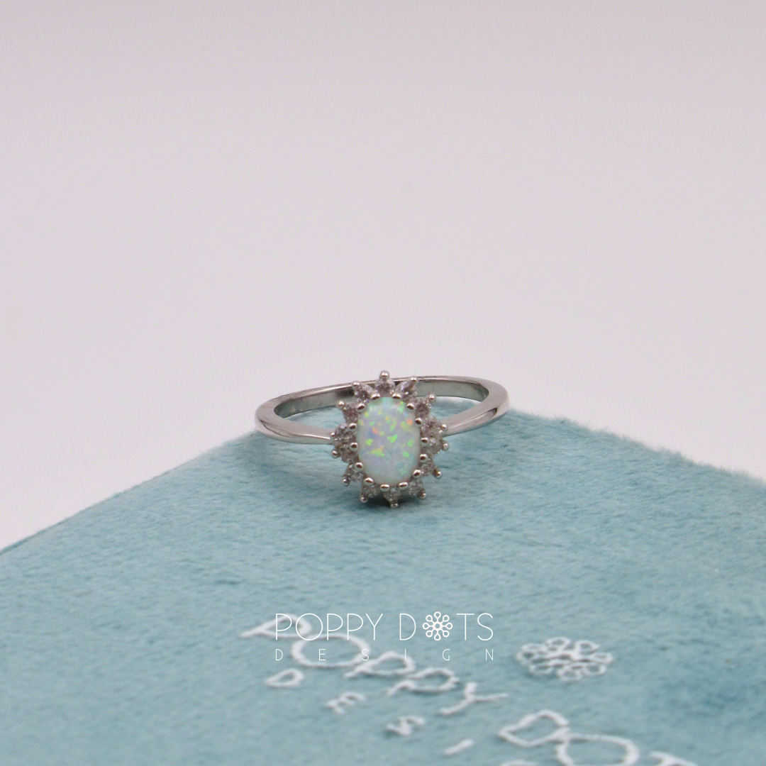 Sterling Silver Zirconia Halo Oval White Gilson Opal Ring
